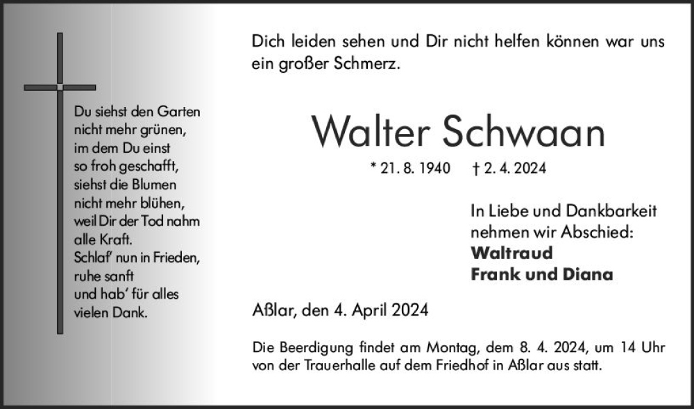 Traueranzeige für Walter Schwaan vom 04.04.2024 aus Wetzlarer Neue Zeitung