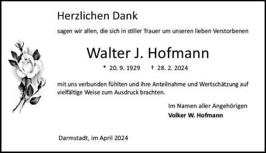 Traueranzeige von Walter J. Hofmann von Darmstädter Echo