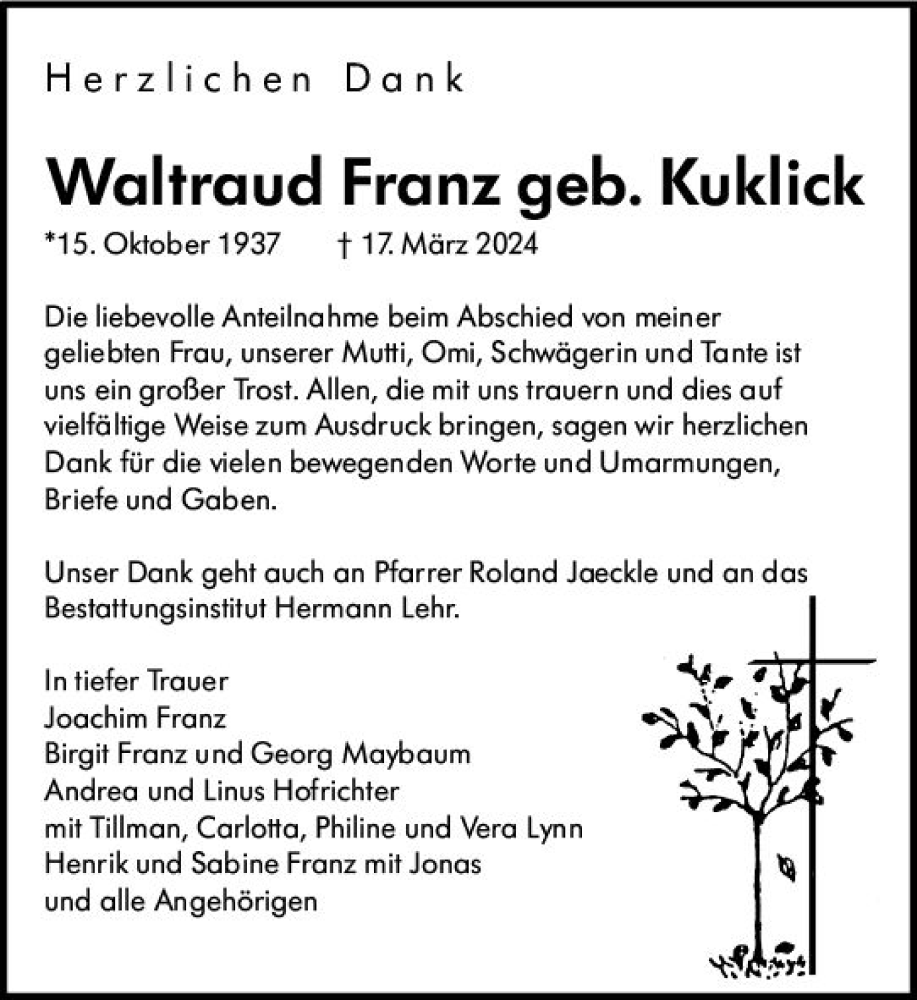  Traueranzeige für Waltraud Franz vom 13.04.2024 aus Dill Block