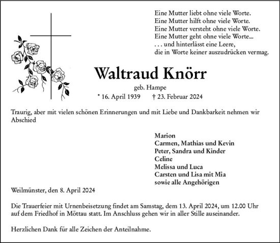 Traueranzeige von Waltraud Knörr von Weilburger Tageblatt