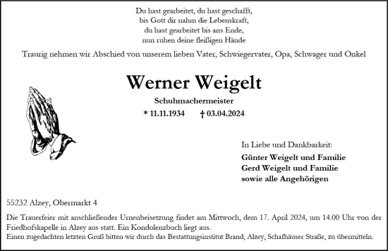 Traueranzeige von Werner Weigelt von Allgemeine Zeitung Alzey