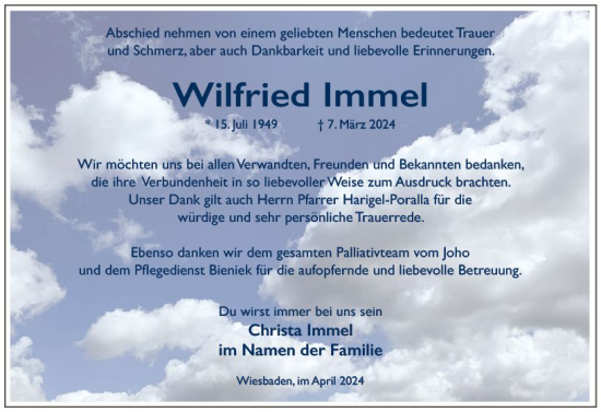 Traueranzeige von Wilfried Immel von Wiesbadener Kurier
