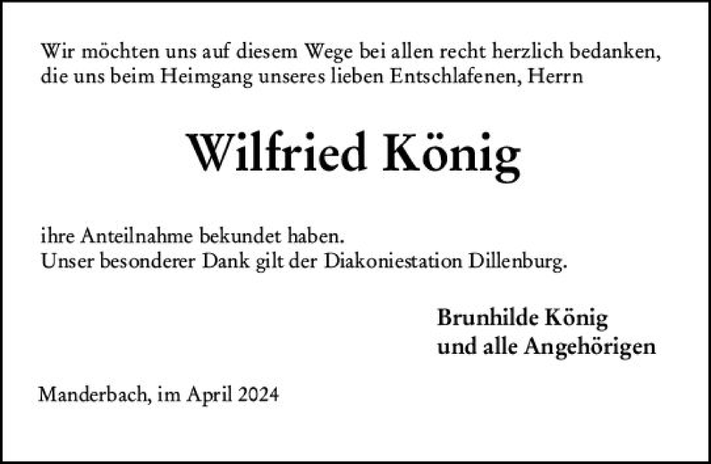  Traueranzeige für Wilfried König vom 05.04.2024 aus Dill Block