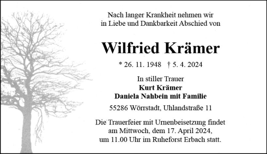 Traueranzeige von Wilfried Krämer von Odenwälder Echo