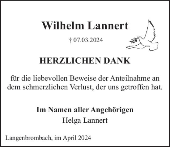 Traueranzeige von Wilhelm Lannert von Odenwälder Echo