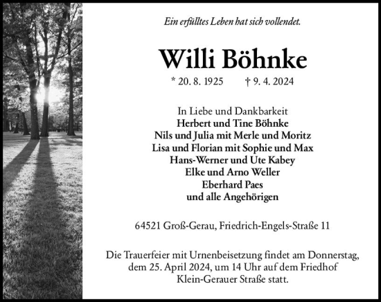 Traueranzeige von Willi Böhnke von Groß-Gerauer Echo