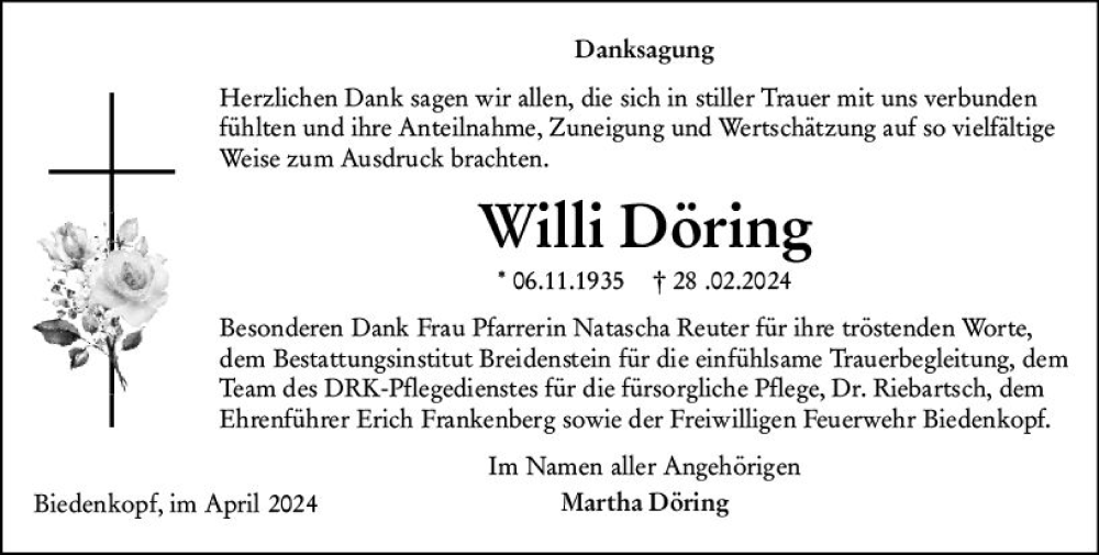  Traueranzeige für Willi Döring vom 10.04.2024 aus Hinterländer Anzeiger
