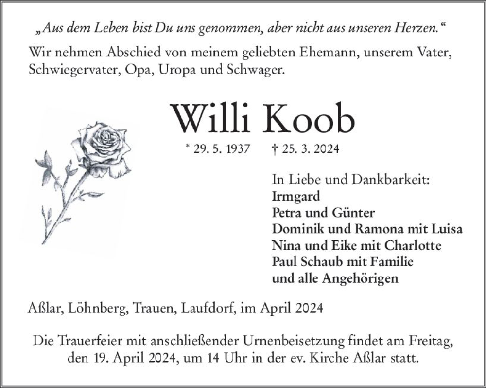  Traueranzeige für Willi Koob vom 16.04.2024 aus Wetzlarer Neue Zeitung
