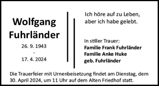 Traueranzeige von Wolfgang Fuhrländer von Darmstädter Echo