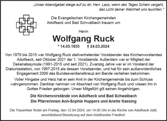 Traueranzeige von Wolfgang Ruck von Idsteiner Land/Untertaunus