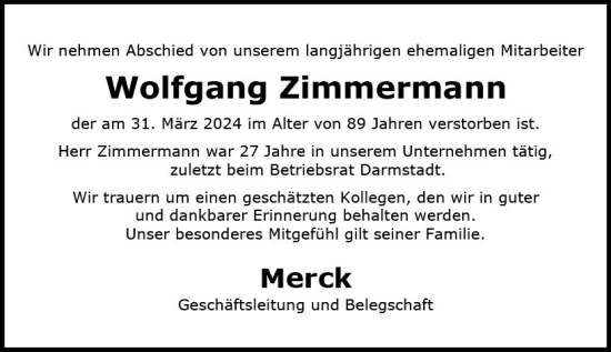 Traueranzeige von Wolfgang Zimmermann von Darmstädter Echo