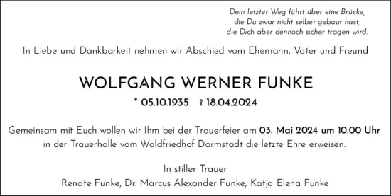 Traueranzeige von Wolfgang Werner Funke von Darmstädter Echo