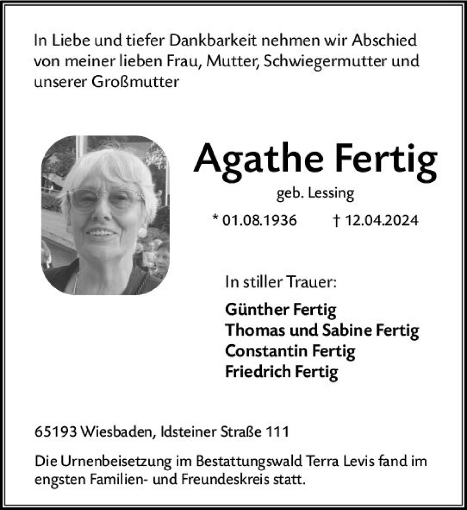  Traueranzeige für Agathe Fertig vom 18.05.2024 aus Wiesbadener Kurier