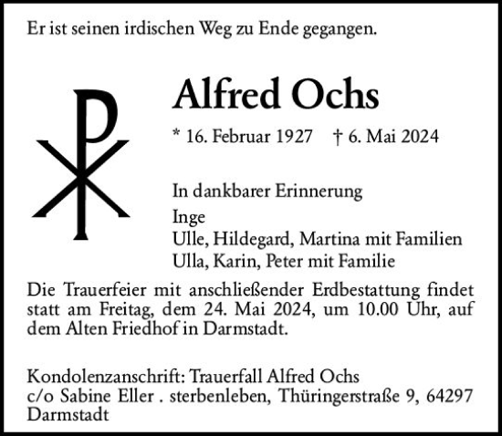 Traueranzeige von Alfred Ochs von Darmstädter Echo
