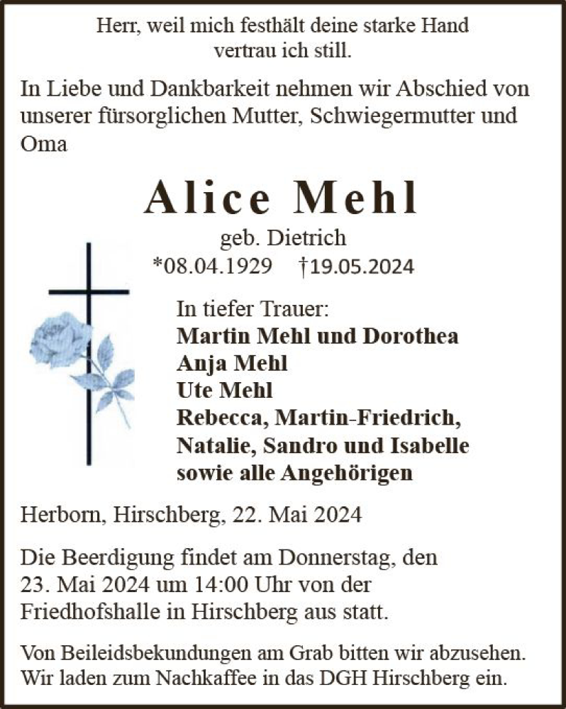  Traueranzeige für Alice Mehl vom 22.05.2024 aus Dill Block