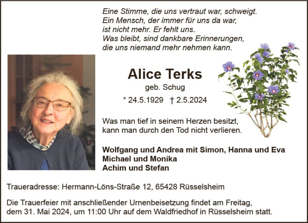 Traueranzeige für Alice Terks vom 18.05.2024 aus Rüsselsheimer Echo