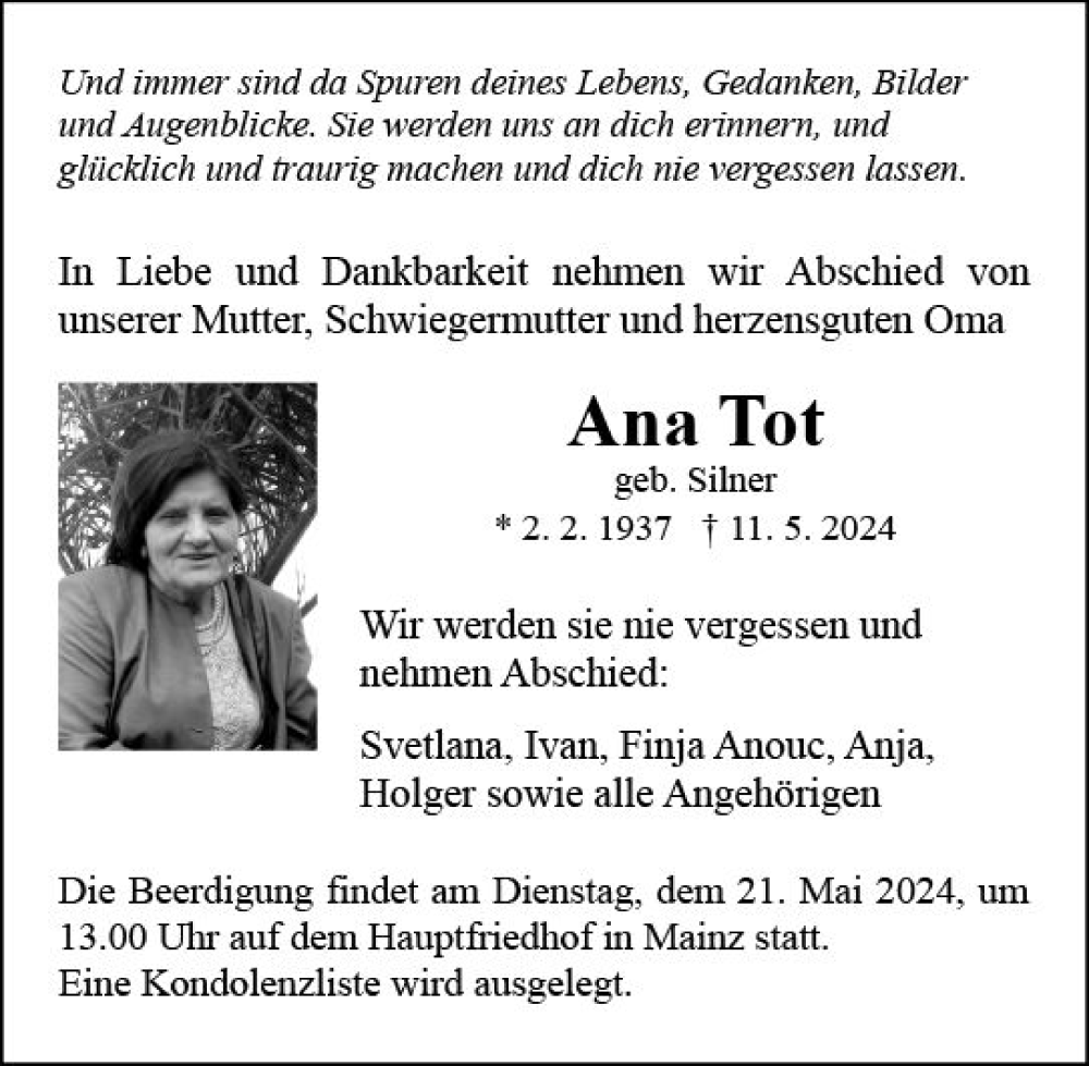  Traueranzeige für Ana Tot vom 18.05.2024 aus Allgemeine Zeitung Mainz