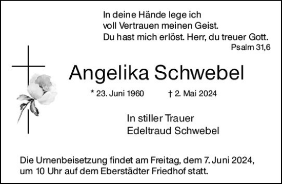 Traueranzeige von Angelika Schwebel von Darmstädter Echo