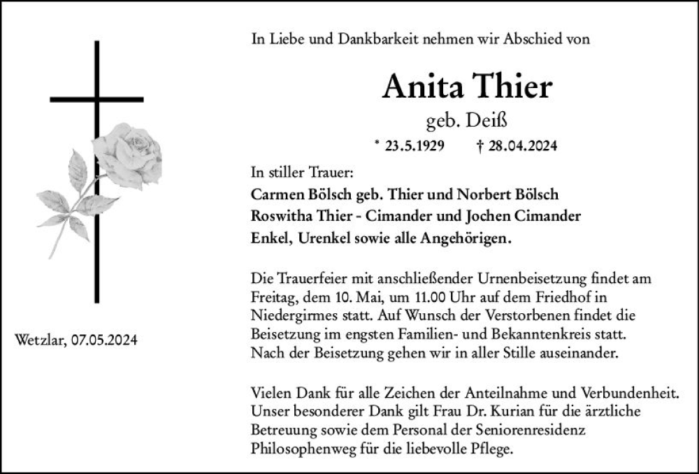  Traueranzeige für Anita Thier vom 07.05.2024 aus Wetzlarer Neue Zeitung