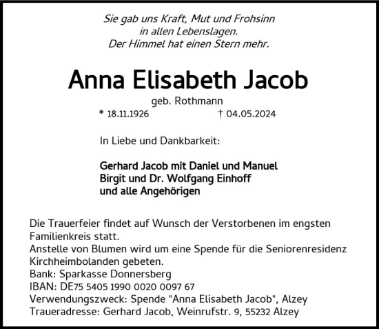 Traueranzeige von Anna Elisabeth Jacob von Allgemeine Zeitung Alzey