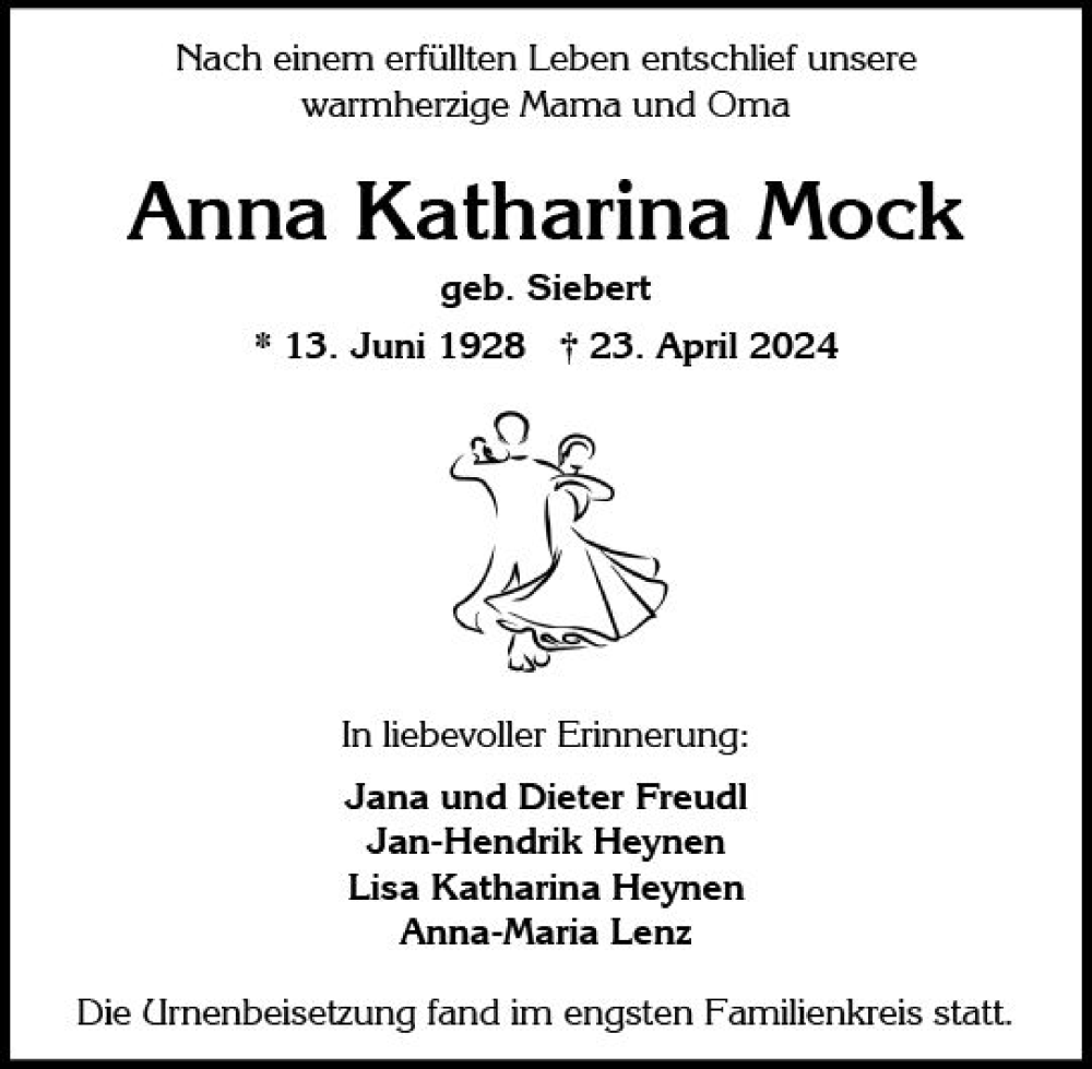  Traueranzeige für Anna Katharina Mock vom 01.06.2024 aus Wiesbadener Kurier