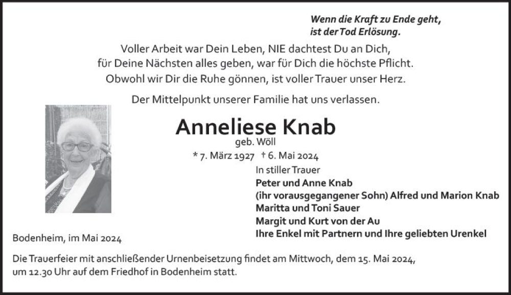  Traueranzeige für Anneliese Knab vom 11.05.2024 aus Allgemeine Zeitung Mainz