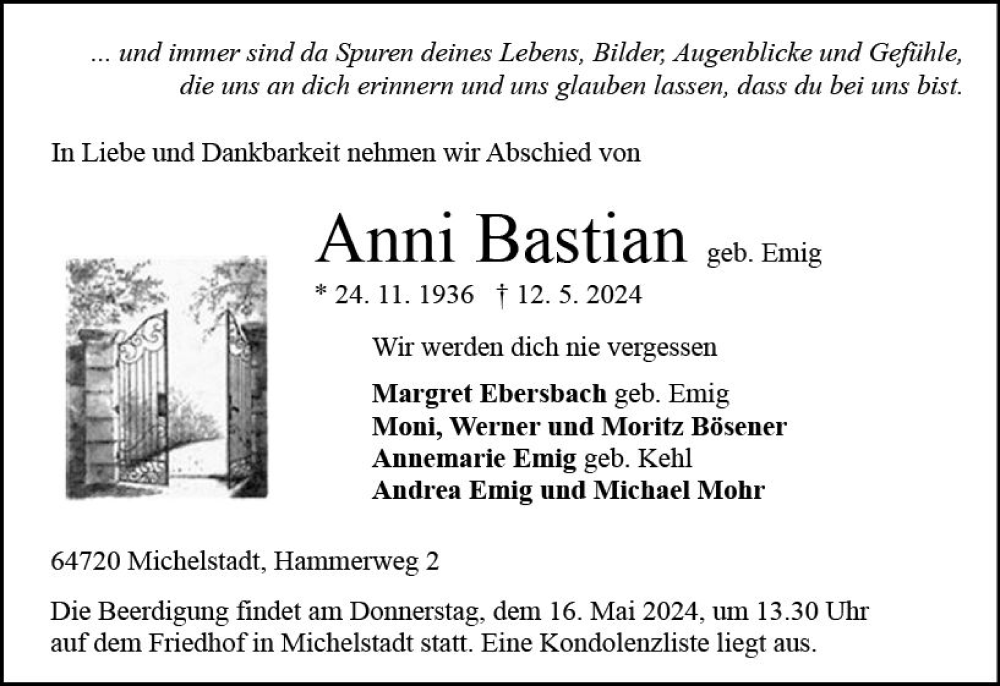  Traueranzeige für Anni Bastian vom 15.05.2024 aus Odenwälder Echo