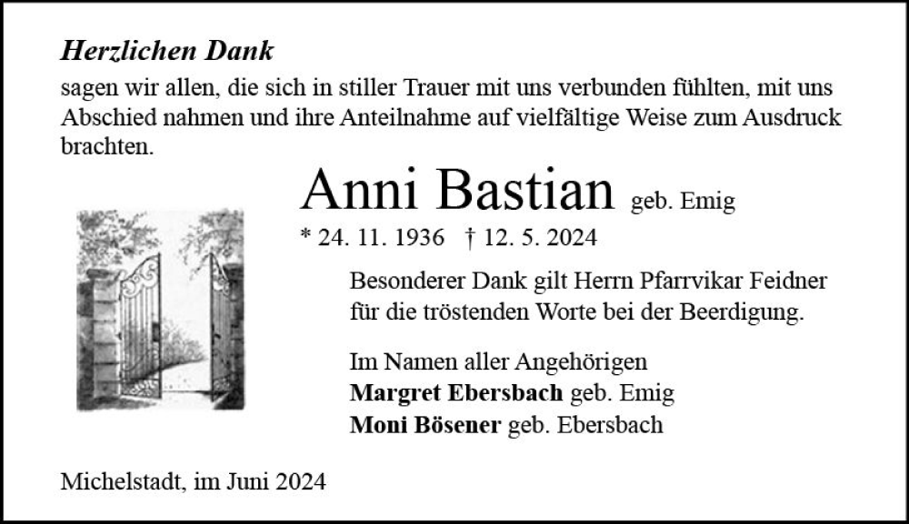  Traueranzeige für Anni Bastian vom 01.06.2024 aus Odenwälder Echo