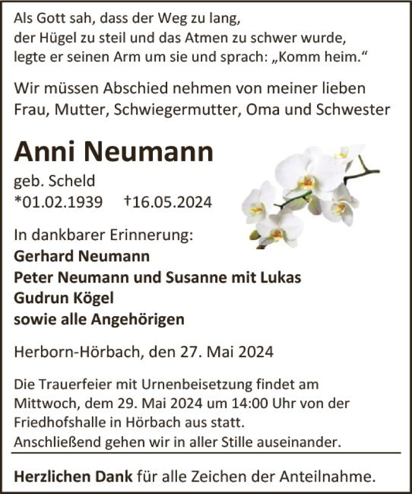  Traueranzeige für Anni Neumann vom 27.05.2024 aus Dill Block