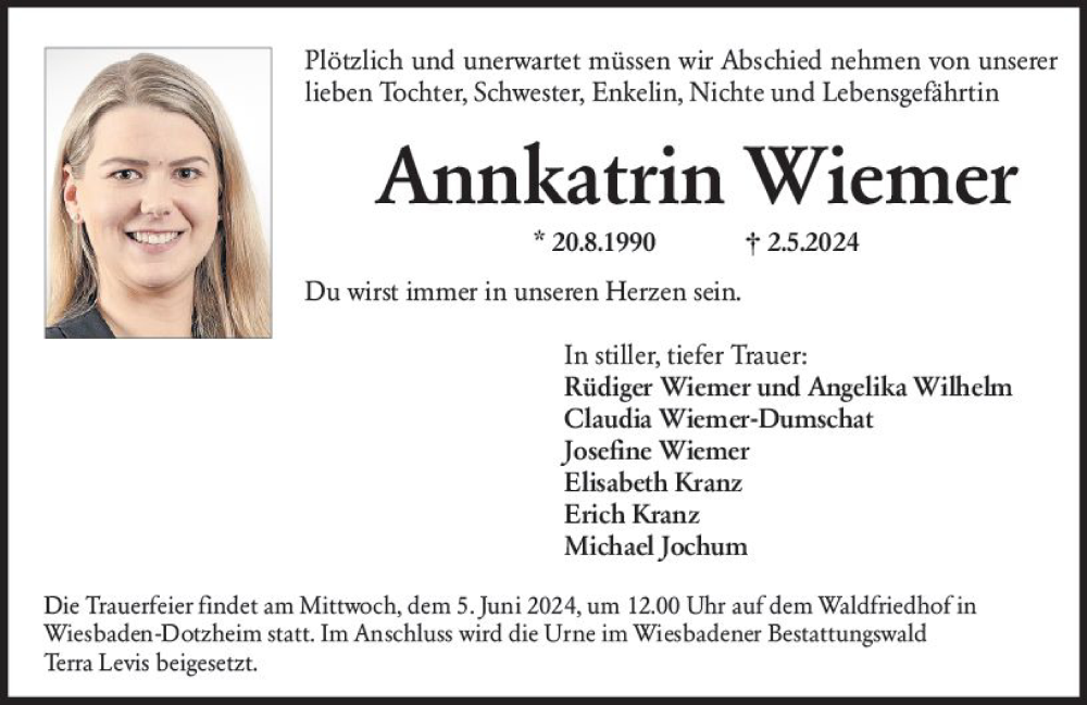  Traueranzeige für Annkatrin Wiemer vom 25.05.2024 aus Wiesbadener Kurier