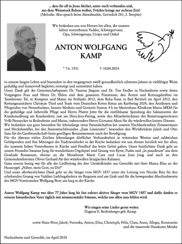  Traueranzeige für Anton Wolfgang Kamp vom 04.05.2024 aus Allgemeine Zeitung Mainz
