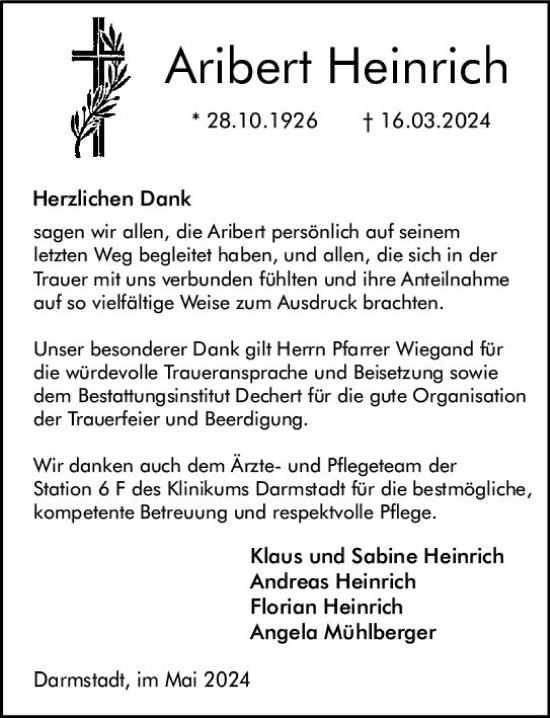 Traueranzeige von Aribert Heinrich von Darmstädter Echo