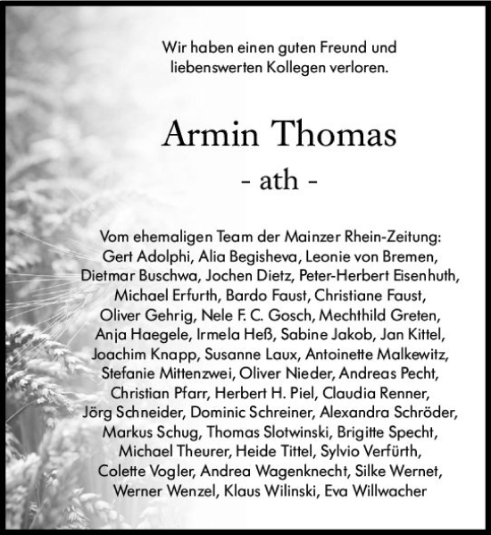 Traueranzeige von Armin Thomas von Allgemeine Zeitung Bingen/Ingelheim