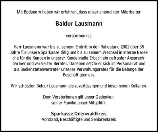 Traueranzeige von Baldur Lausmann von Odenwälder Echo