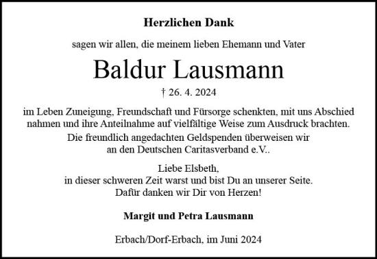 Traueranzeige von Baldur Lausmann von Odenwälder Echo