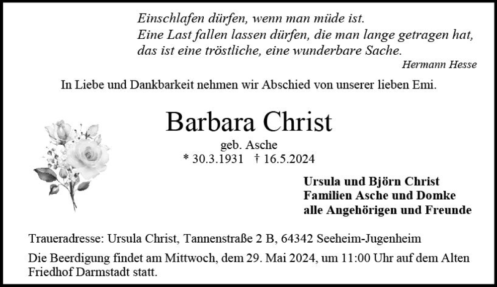  Traueranzeige für Barbara Christ vom 25.05.2024 aus Darmstädter Echo
