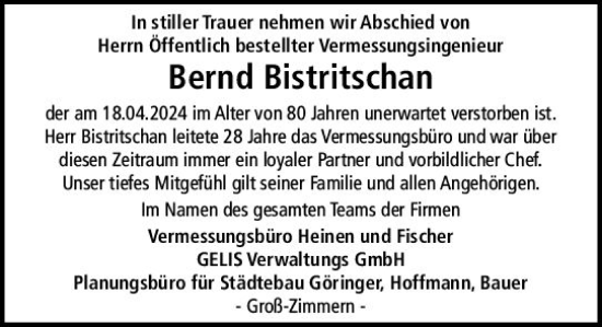 Traueranzeige von Bernd Bistritschan von Dieburger Anzeiger/Groß-Zimmerner Lokal-Anzeiger