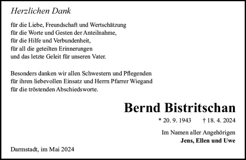  Traueranzeige für Bernd Bistritschan vom 25.05.2024 aus Darmstädter Echo