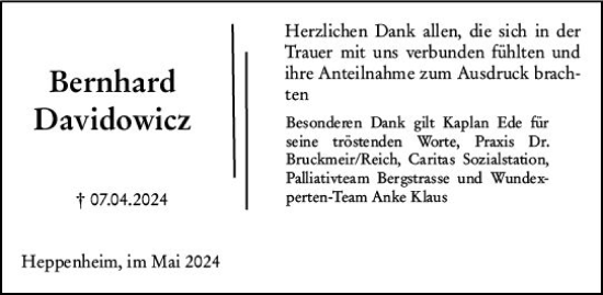Traueranzeige von Bernhard Davidowicz von Starkenburger Echo
