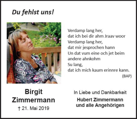 Traueranzeige von Birgit Zimmermann von Idsteiner Land/Untertaunus