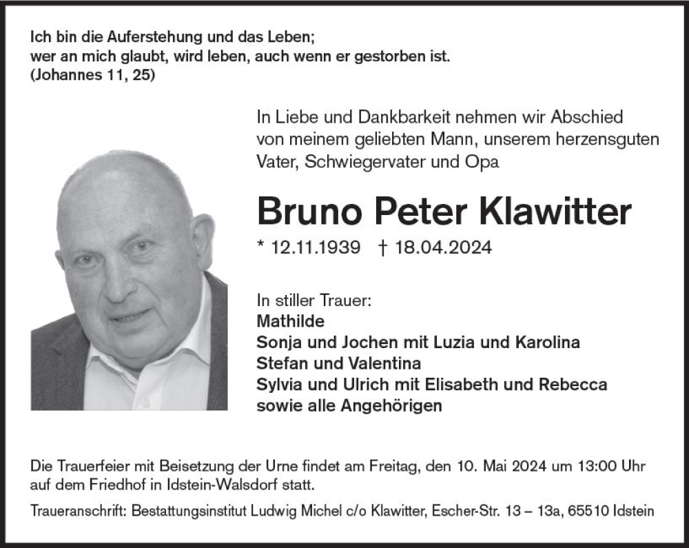  Traueranzeige für Bruno Peter Klawitter vom 02.05.2024 aus Camberger Anzeiger