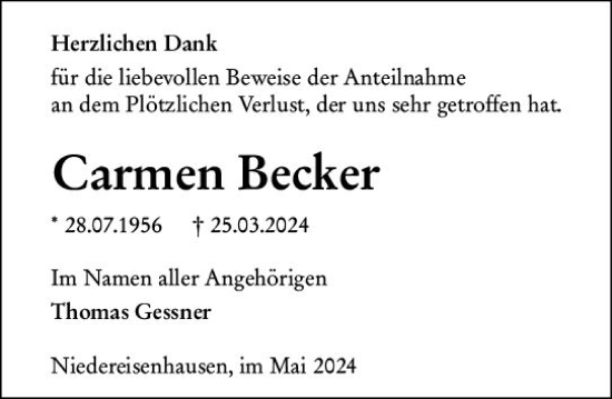 Traueranzeige von Carmen Becker von Hinterländer Anzeiger