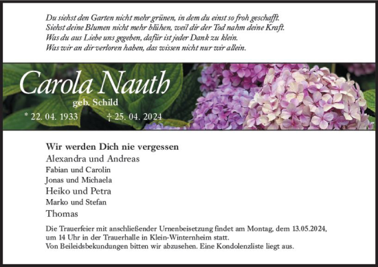 Traueranzeige von Carola Nauth von Allgemeine Zeitung Mainz