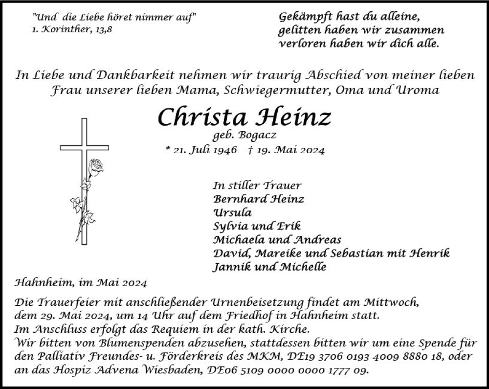  Traueranzeige für Christa Heinz vom 25.05.2024 aus Allgemeine Zeitung Mainz