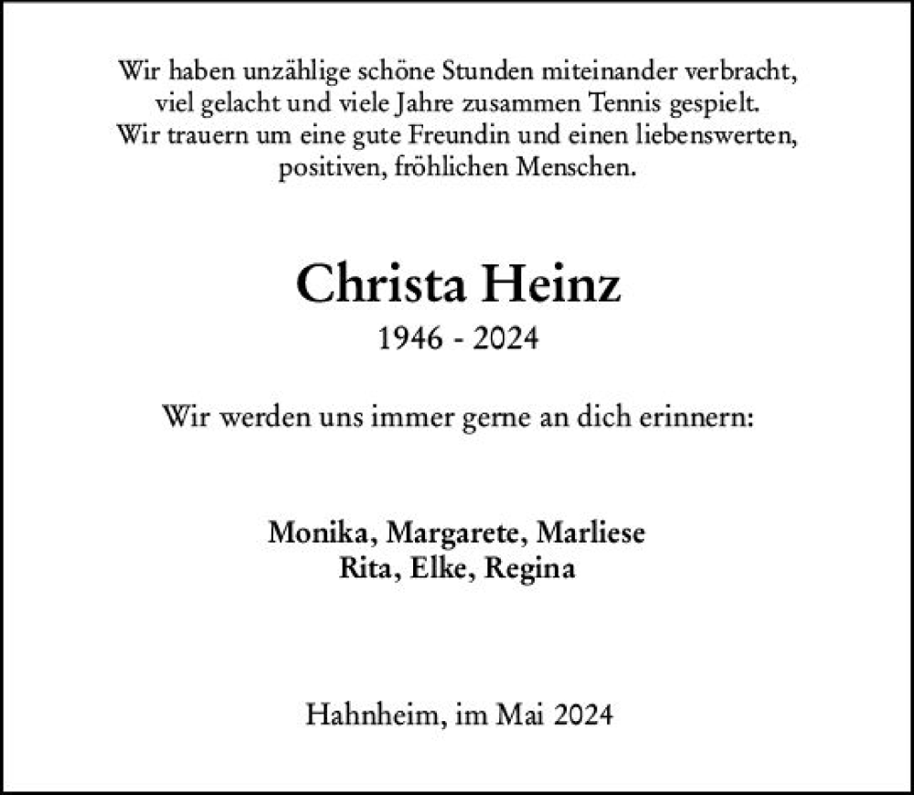  Traueranzeige für Christa Heinz vom 25.05.2024 aus Allgemeine Zeitung Mainz