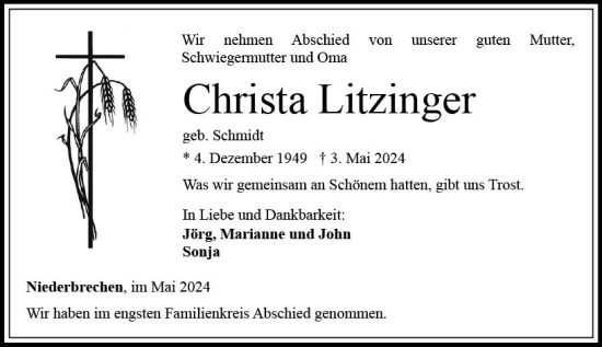 Traueranzeige von Christa Litzinger von Camberger Anzeiger