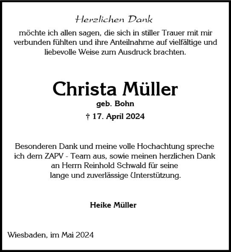  Traueranzeige für Christa Müller vom 18.05.2024 aus Wiesbadener Kurier