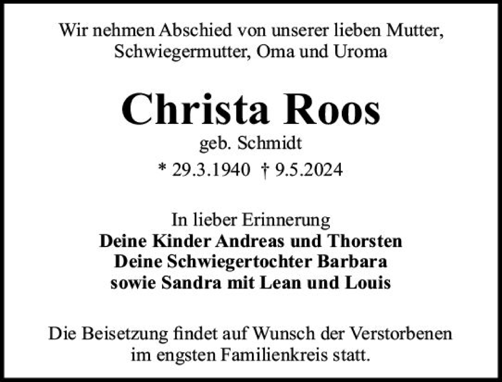  Traueranzeige für Christa Roos vom 18.05.2024 aus Darmstädter Echo