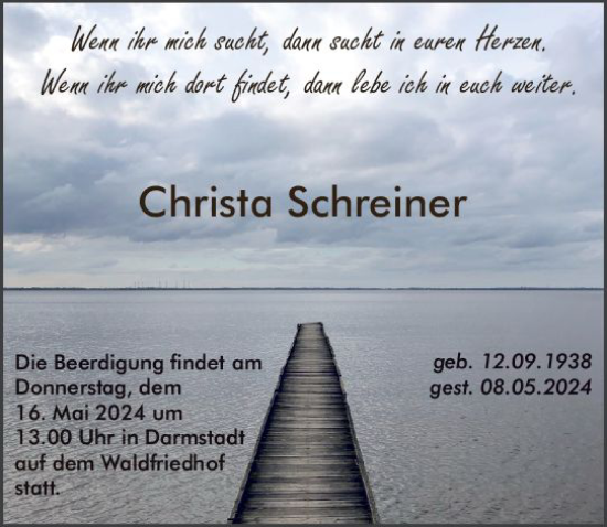 Traueranzeige von Christa Schreiner von Darmstädter Echo