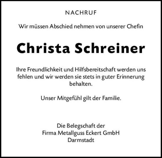 Traueranzeige von Christa Schreiner von Darmstädter Echo